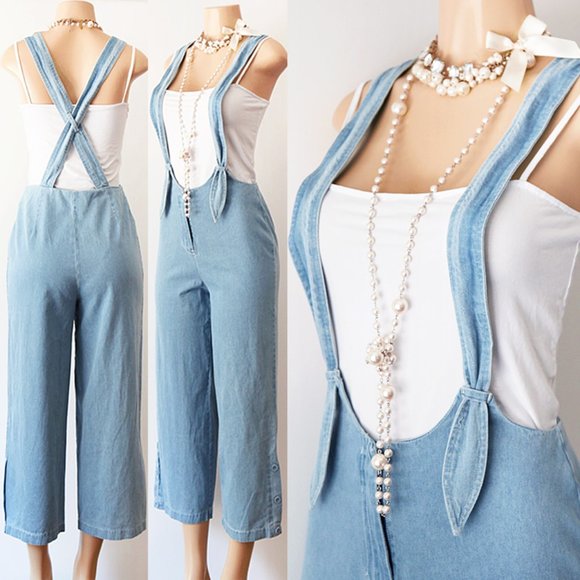 Gilli Pants - Denim Blue Cotton Wide Leg Crop Overall Jumpsuit